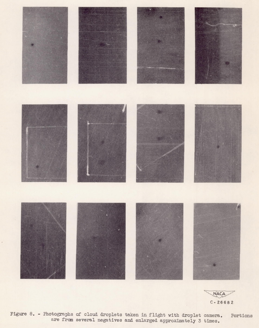 Figure 8 from NACA-RM-E50K01a. Photographs of cloud droplets taken in flight with droplet camera. Portions are from several negatives and enlarged approximately 3 times.